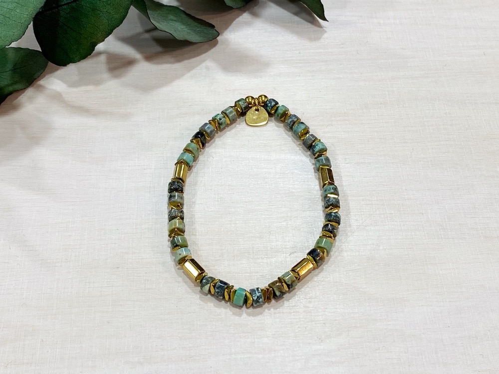 Bracelet élastique à pierres naturelles turquoise africaine, acier inoxydable doré